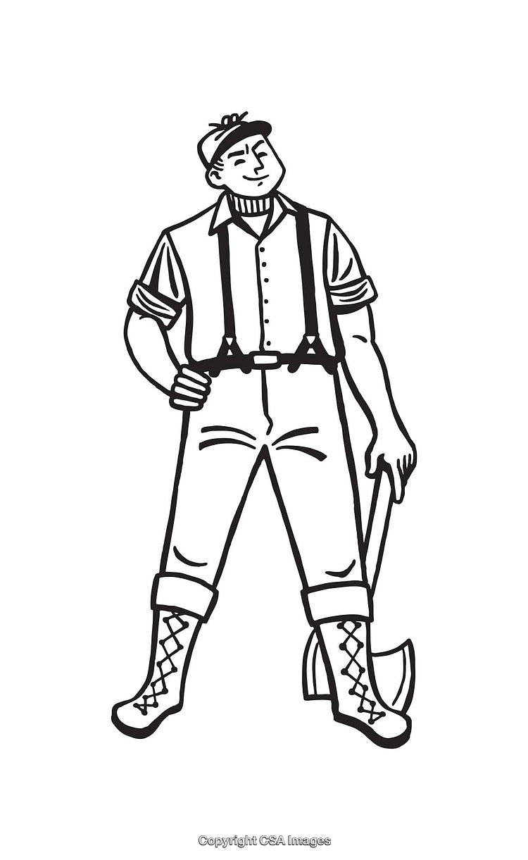 Black And White Line Art of a Lumberjack With an Axe