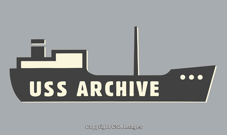 Minimalist Illustration of a Ship with Text 'USS Archive' on Grey Background