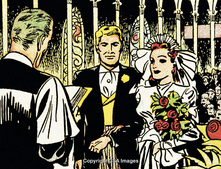 Vintage Comic Style Illustration of a Wedding Ceremony in Progress