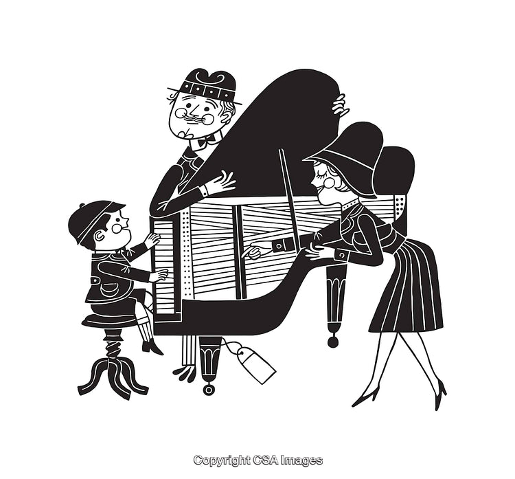 Whimsical Line Art of Family with Grand Piano in Black and White