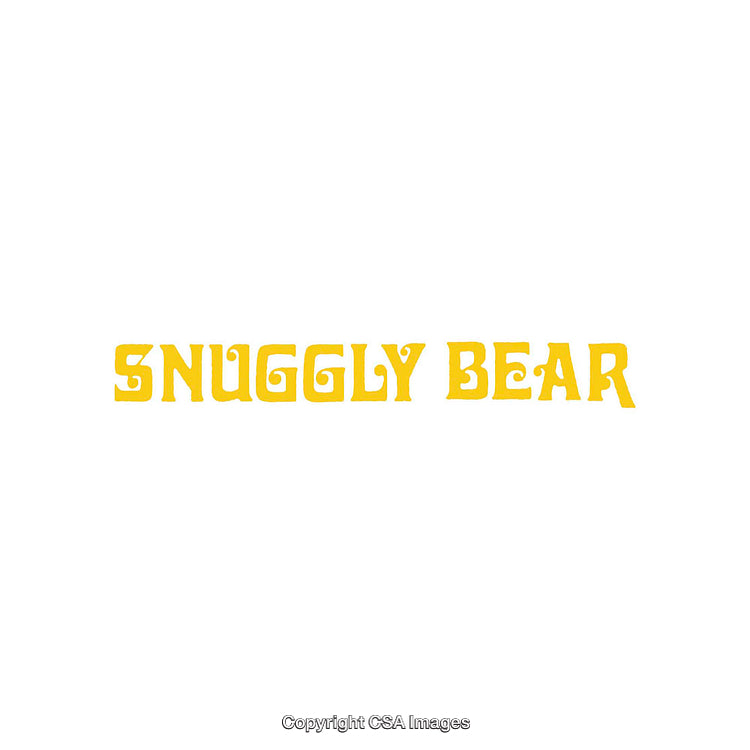 Yellow Text Reading Snuggly Bear on White Background
