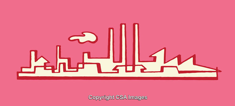 Abstract Factory Illustration Depicting Industrial Skyline With Bold Pink Background