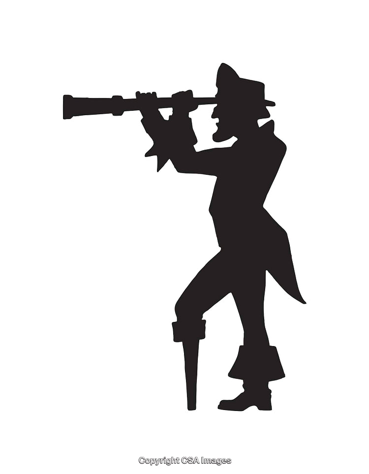 Black and White Silhouette of Pirate Using a Telescope