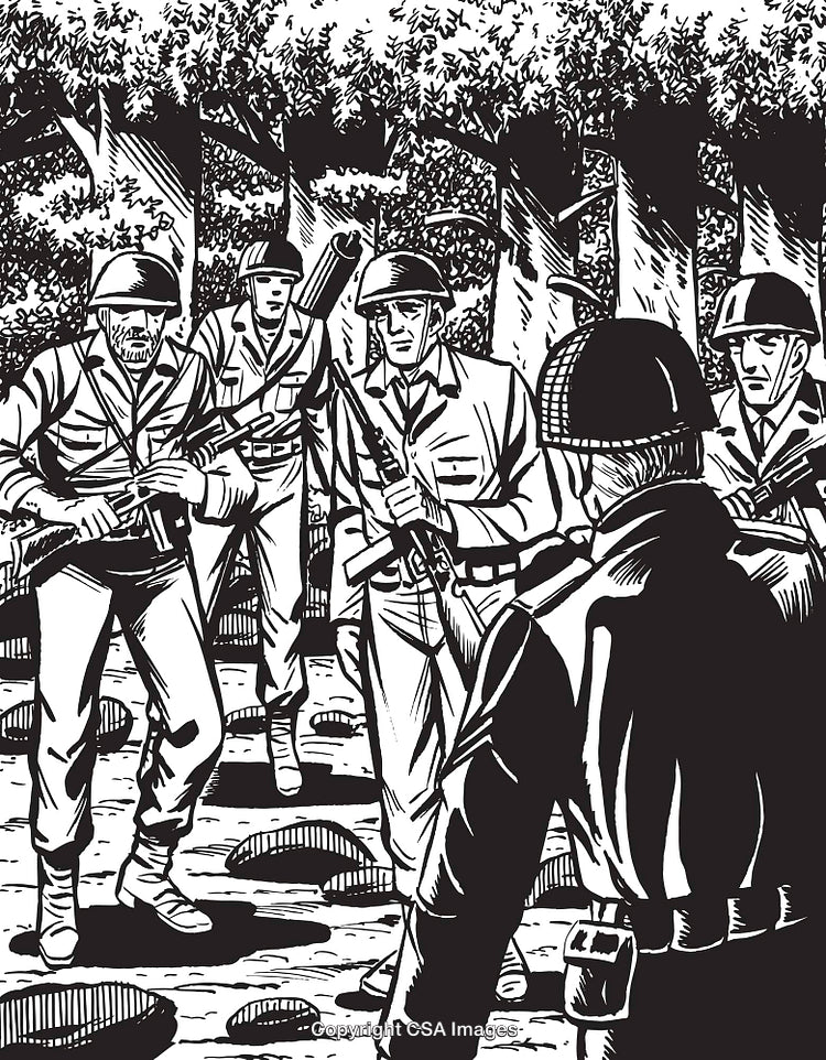 Black and White Illustration of Soldiers on a Strategic Mission in the Woods