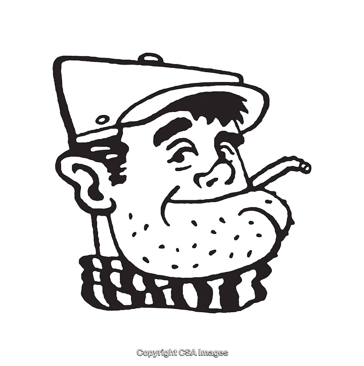 Black And White Line Art of a Cheerful Man in a Hat