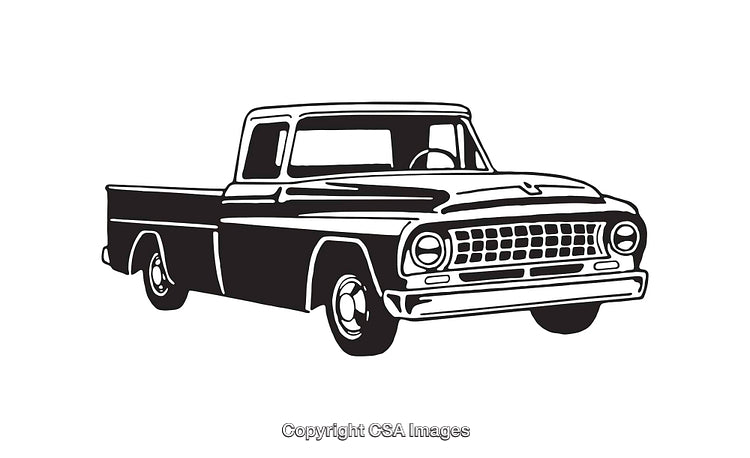 Black and White Line Art Illustration of a Classic Pickup Truck
