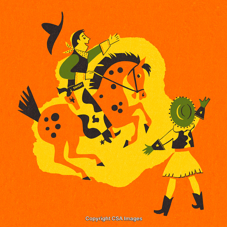 Cowboy Riding Horse Greeting Partner Against Bright Orange Background