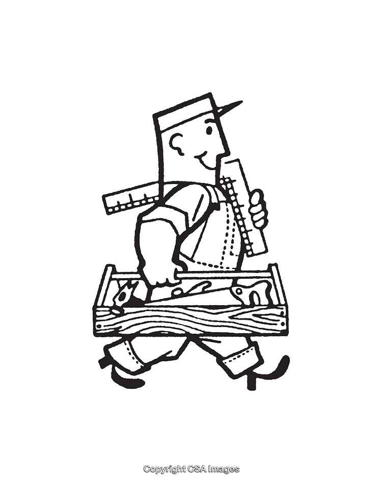 Illustration of a Handy Carpenter Carrying a Toolbox and Tools
