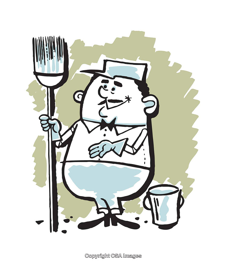 Playful Cartoon Worker with Paintbrush and Bucket in Hand