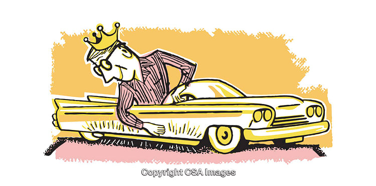 Whimsical Illustration of a Crowned Person and a Classic Car