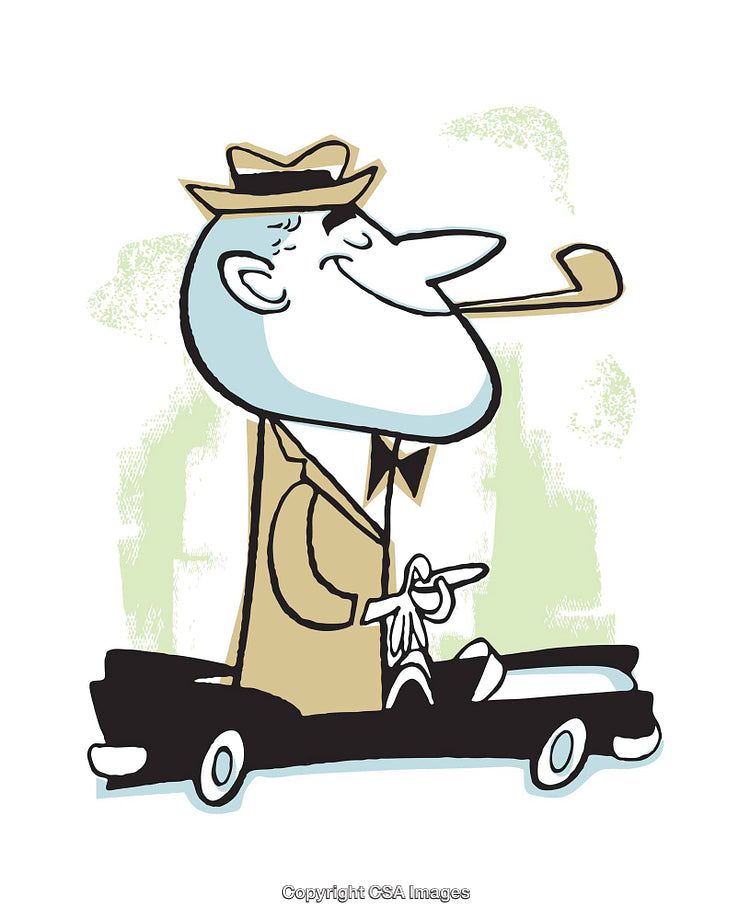 Charming Cartoon Character Driving a Car and Smoking a Pipe Artwork