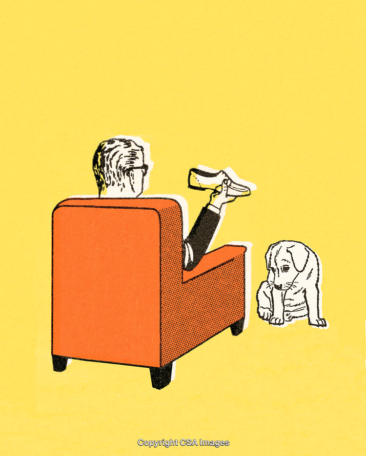 Colorful Retro Illustration of a Relaxed Person and Dog Interaction