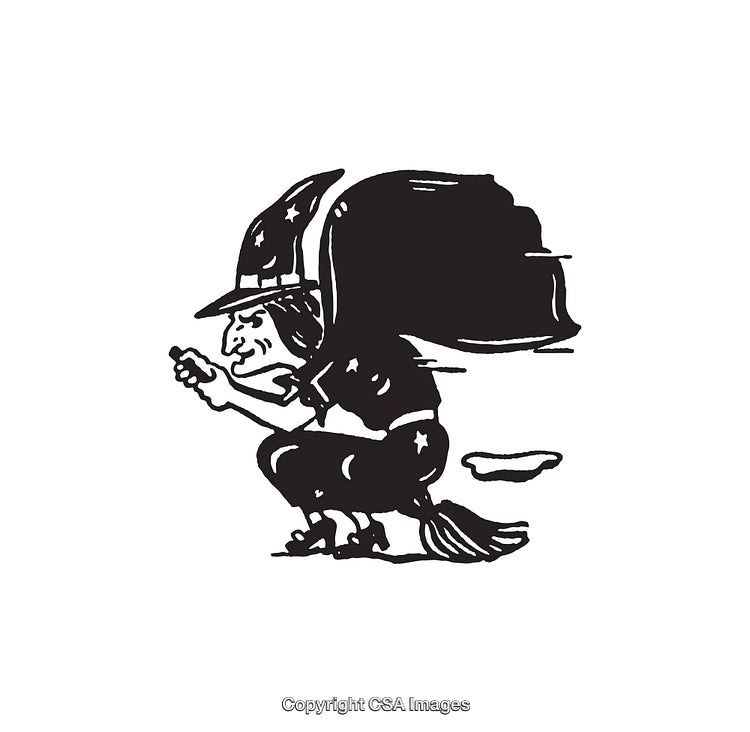 Vintage Black and White Line Art of a Witch Illustration