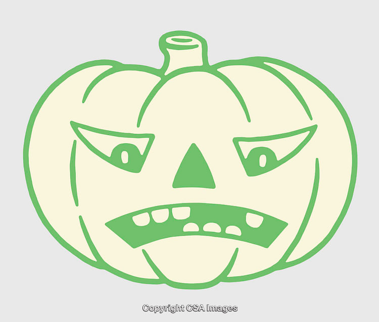 Green and Beige Line Art Illustration of a Jack-O'-Lantern