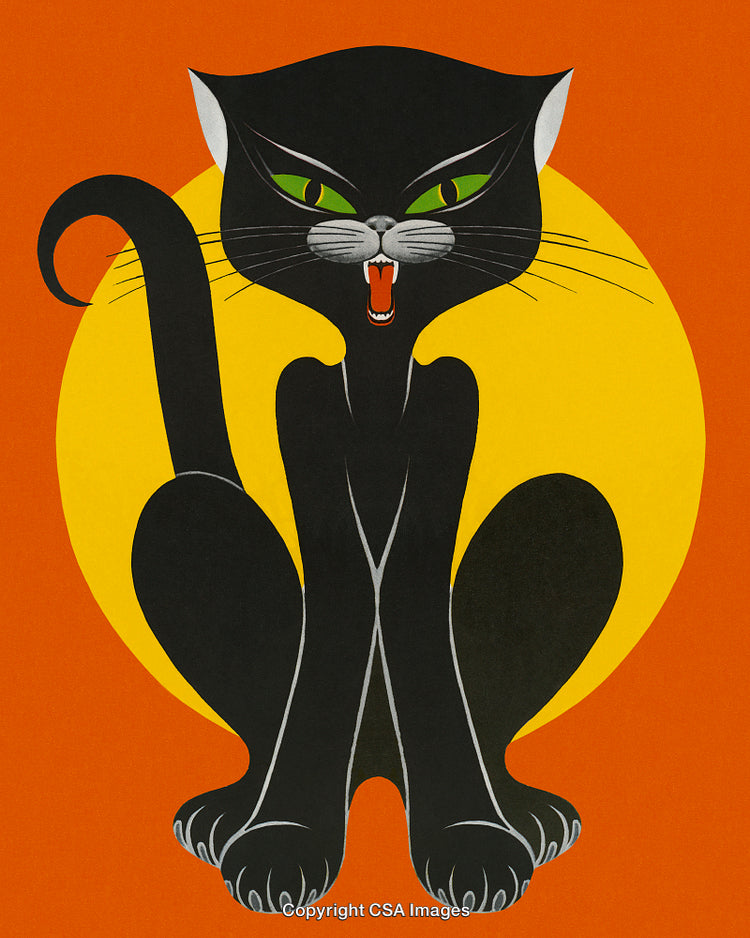 Stylized Black Cat With Green Eyes Against Bright Orange and Yellow Background