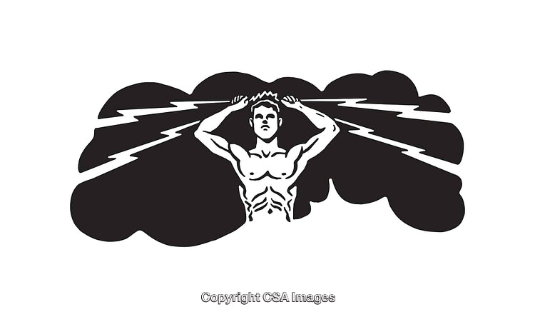 Black and White Illustration of Empowerment Through Lightning and Strength