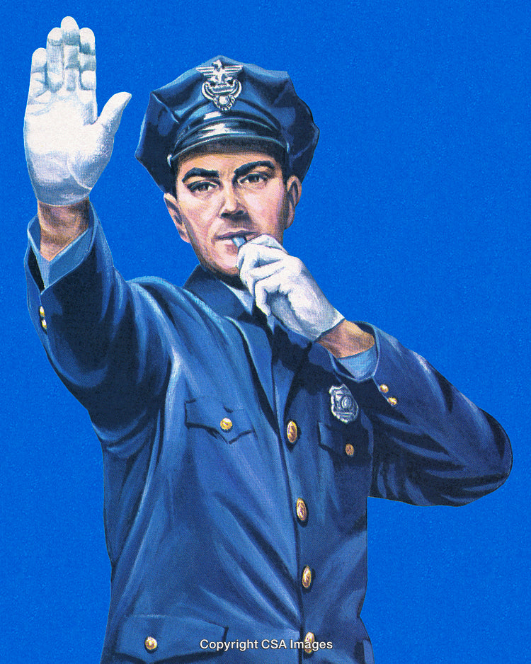Male Police Officer Gesturing a Stop Signal While Blowing a Whistle