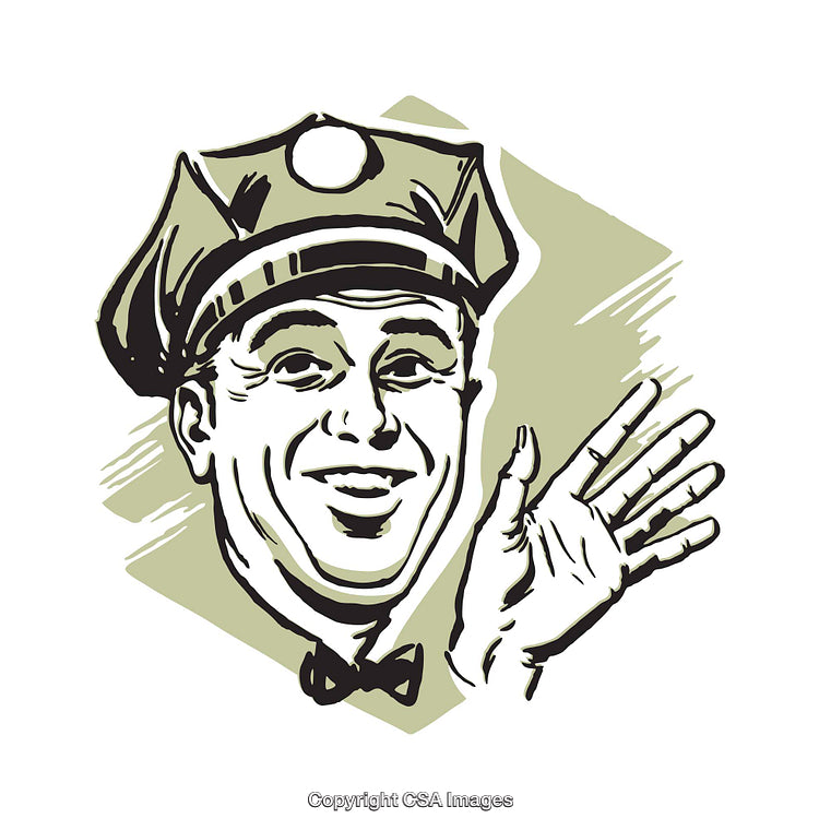 Retro Illustration of Smiling Police Officer Waving in Vintage Style