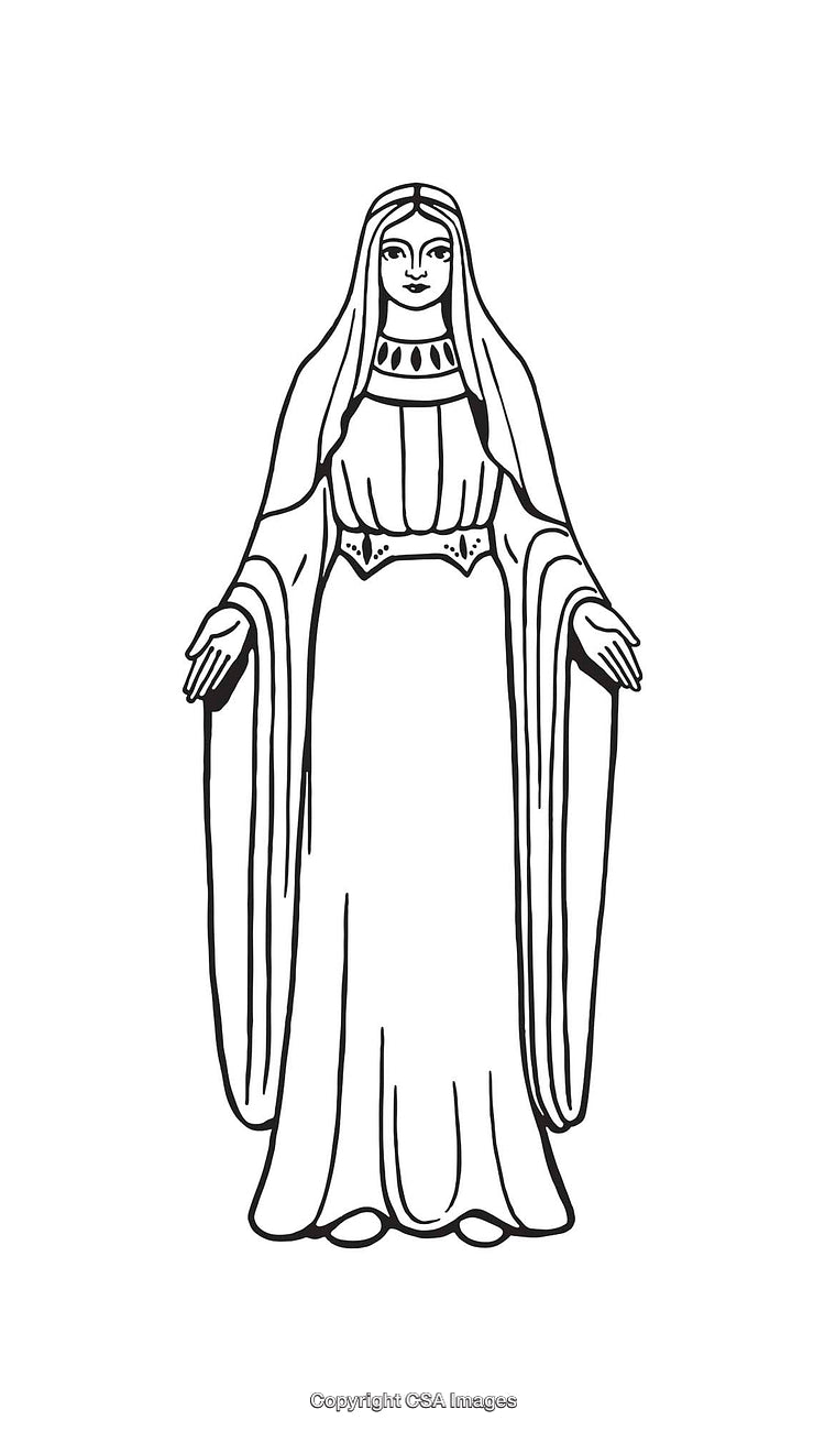 Black and White Line Art Illustration of a Woman in Flowing Robes