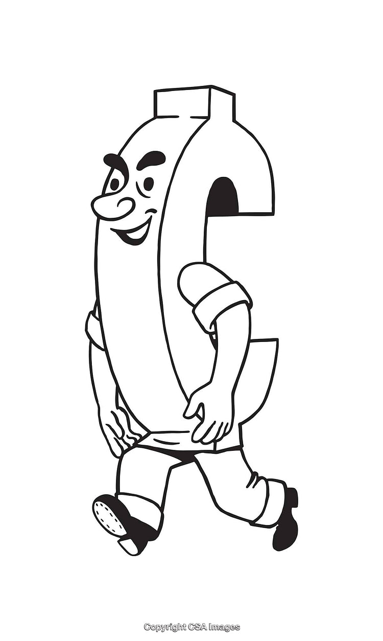 Cheerful Cartoon Cent Character in Black and White Line Art Illustration