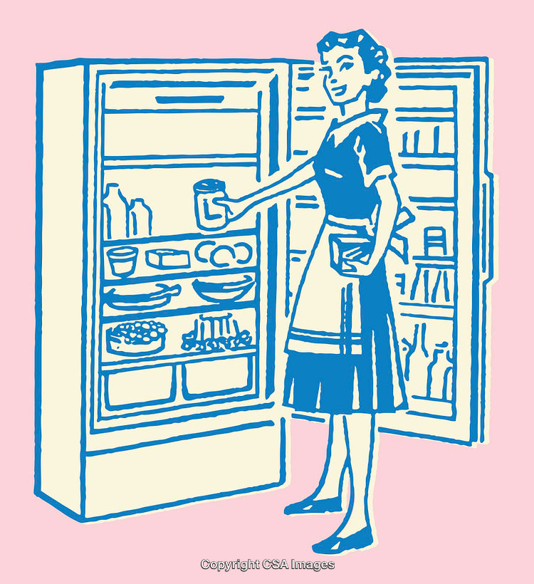 Vintage Style Illustration of Woman Organizing Refrigerator at Home in Retro Colors
