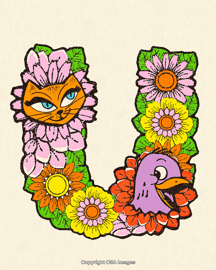 Vibrant Illustrated Letter U with Floral and Animal Elements