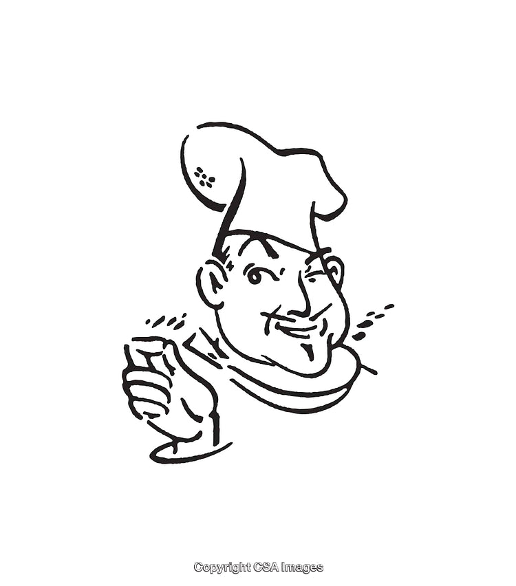 Black and White Line Art of a Smiling Chef Gesturing Confidently