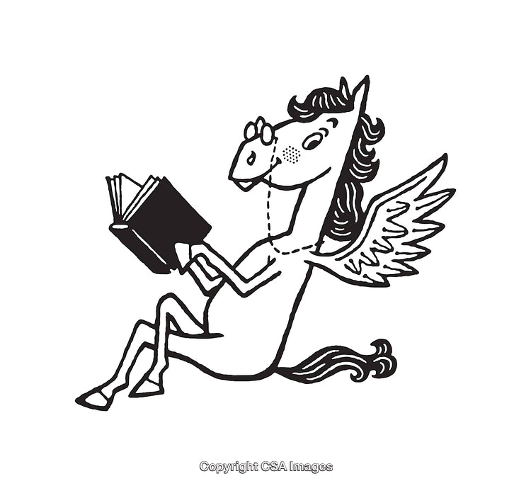 Whimsical Pegasus Reading a Book in Black and White Line Art