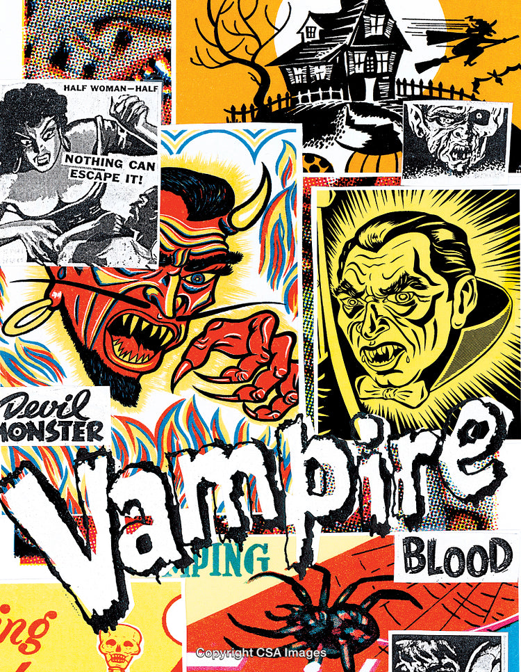 Vintage Horror-Themed Collage Featuring Vampires, Monsters, and Spooky Illustrations