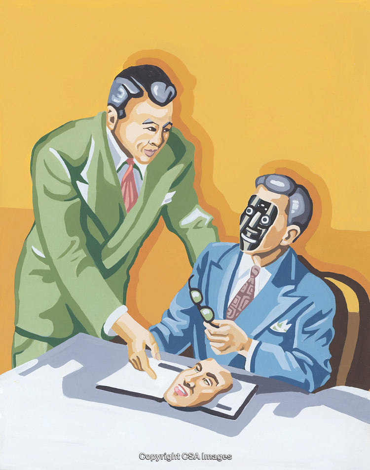 Surreal Painting Depicting Robot Identity with Human Mask and Two Persons