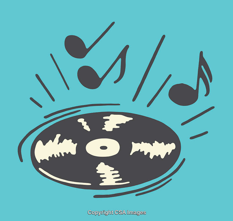 Colorful Illustration of a Vinyl Record and Musical Notes on Blue Background