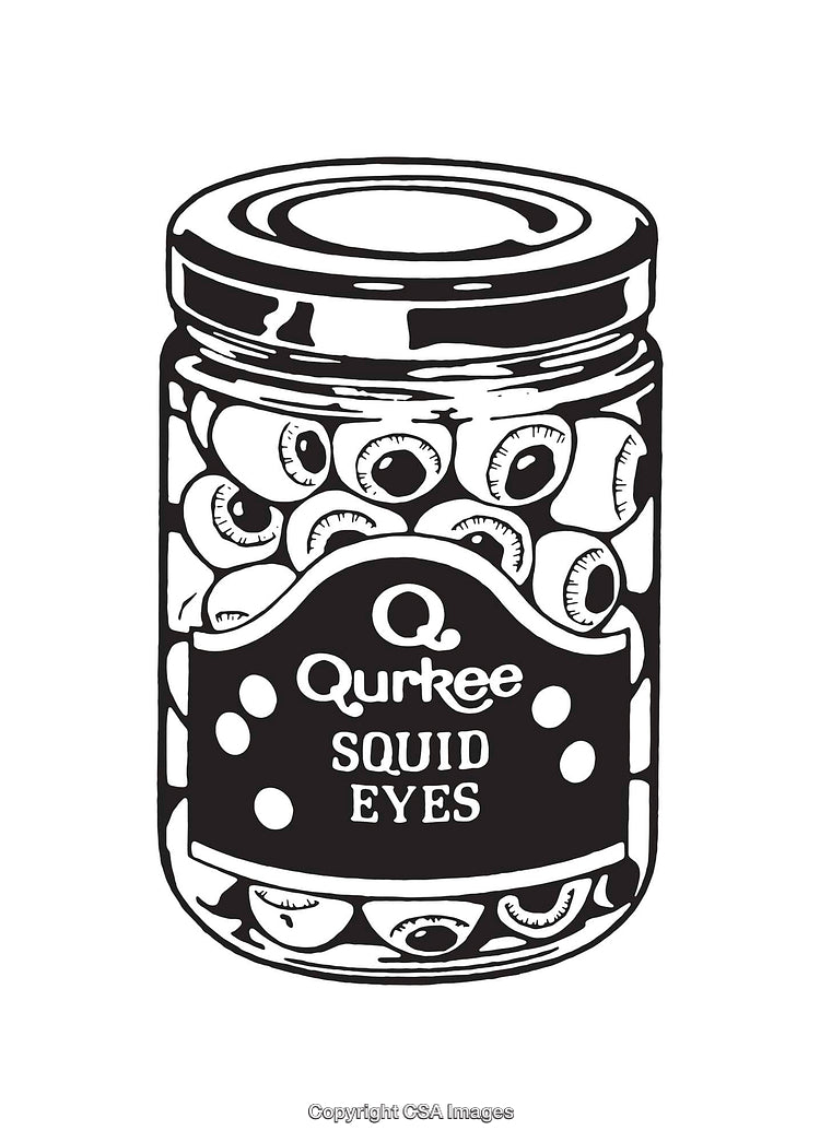 Black and White Line Art of a Jar Labeled Squid Eyes