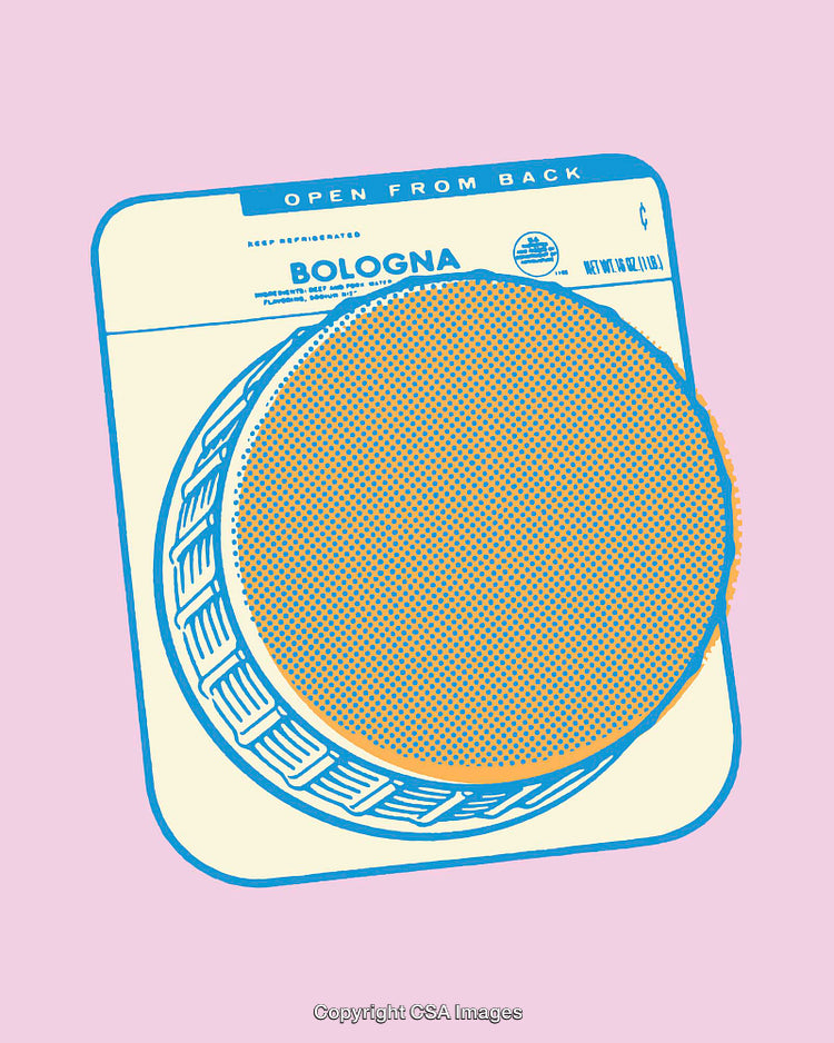 Color Line Art Illustration of Packaged Bologna Slice on Pink Background