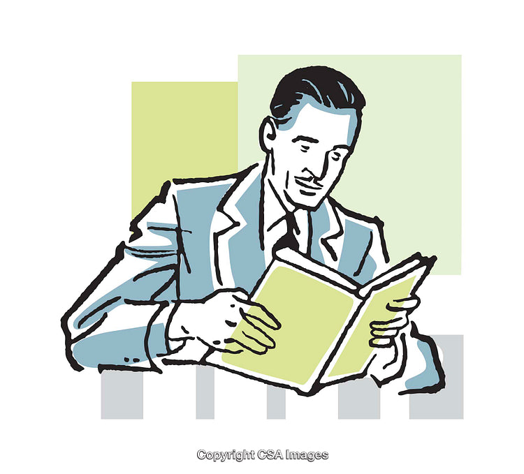 Illustration of a Gentleman Reading a Book With Focus and Interest