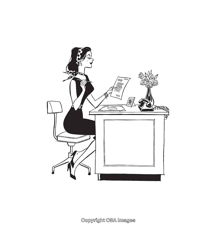 Vintage Female Office Worker Sitting at Desk with Papers and Phone
