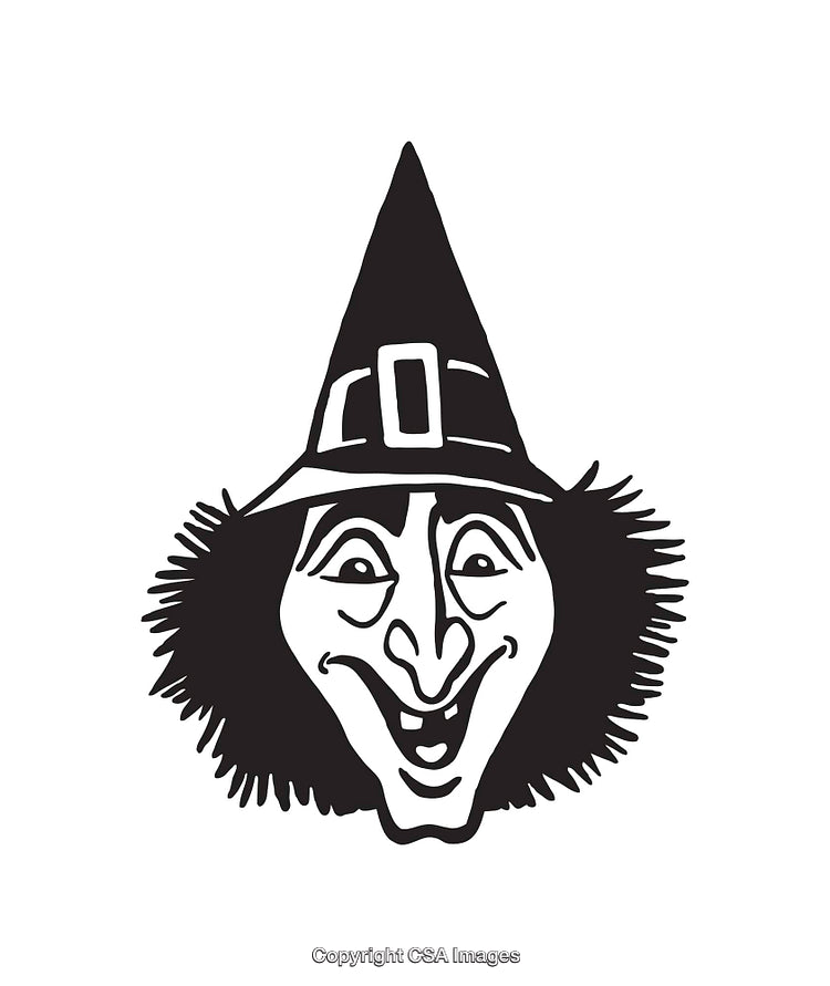 Black and White Witch Illustration with Hat and Grinning Expression