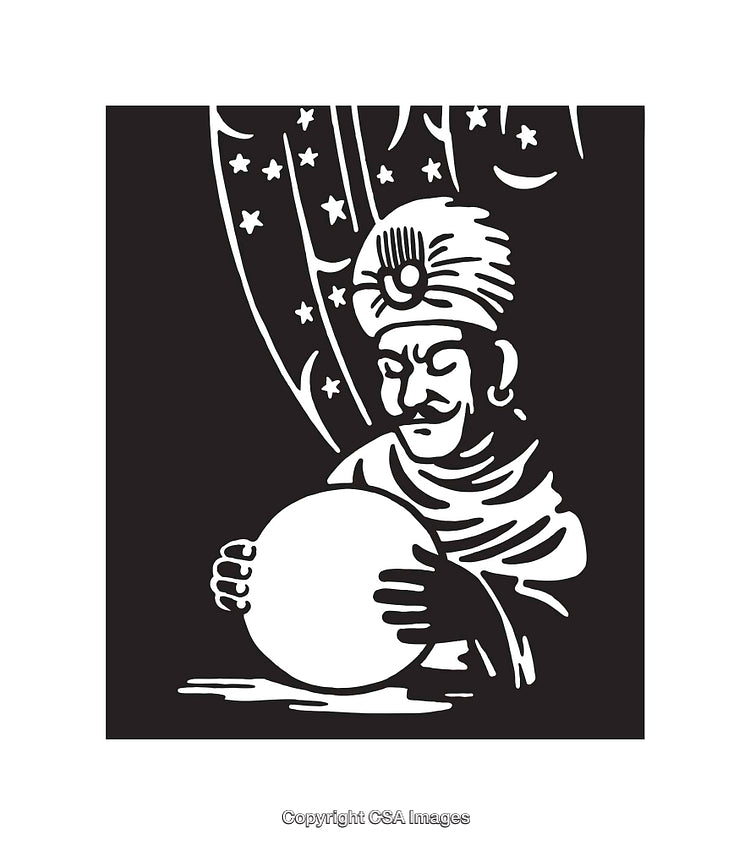 Mystical Fortune Teller with Crystal Ball in Black and White Art