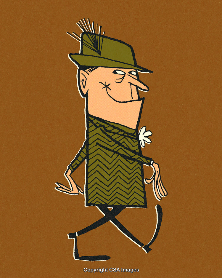 Stylized Illustration of a Cheerful Man Wearing a Green Hat and Suit