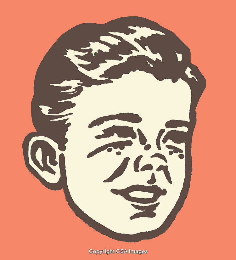 Retro Line Art Illustration of a Smiling Boy's Face on Orange Background