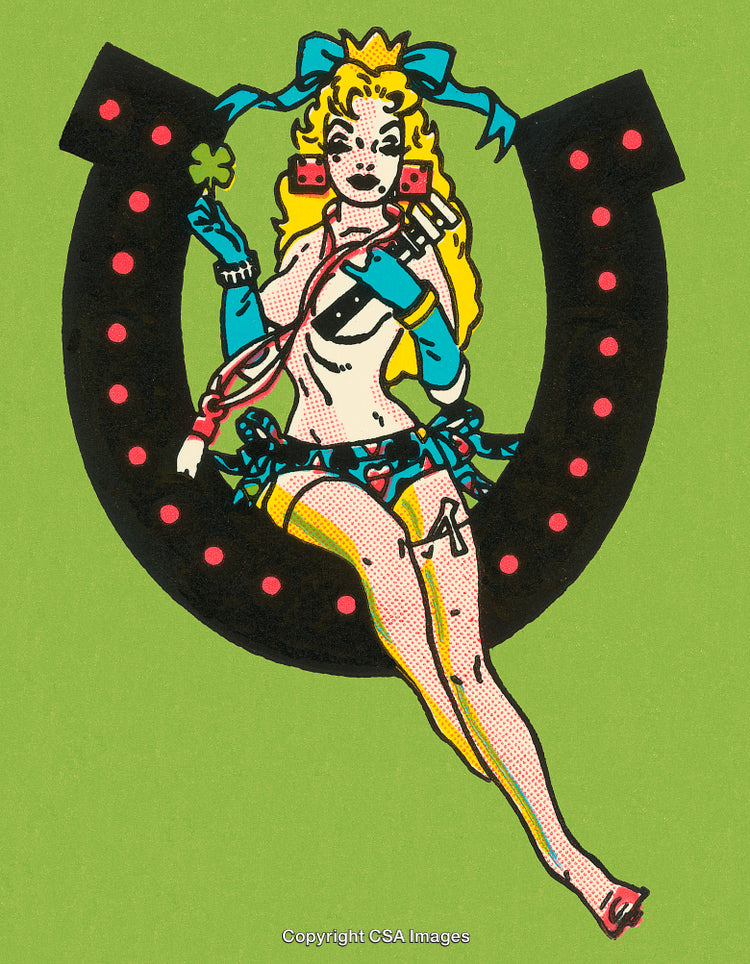 Playful Pop Art Illustration of a Lucky Charm Girl and Horseshoe