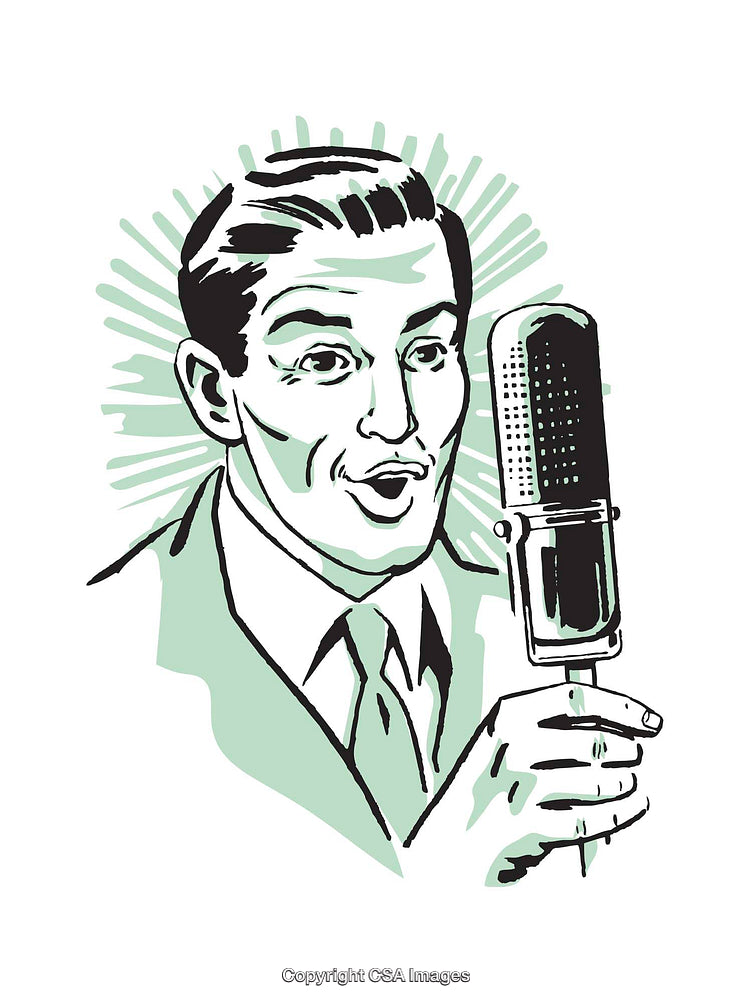 Retro Illustration of a Man Speaking Into a Vintage Microphone