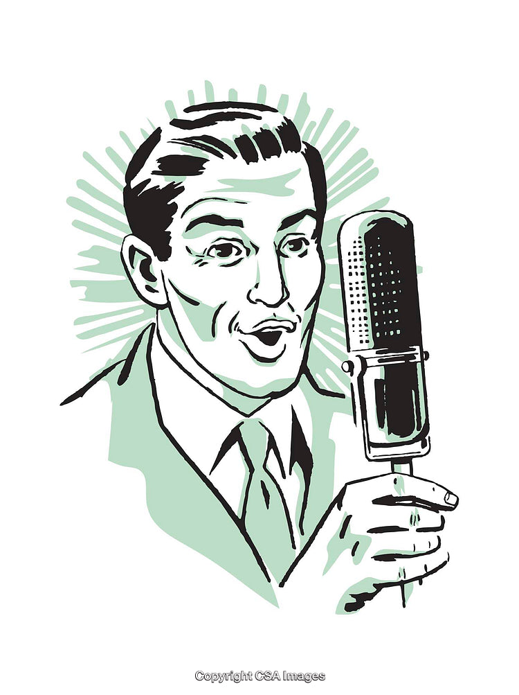 Retro Illustration of a Man Speaking Into a Vintage Microphone