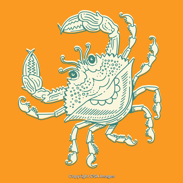 Playful Blue Crab Illustration on Vibrant Orange Background