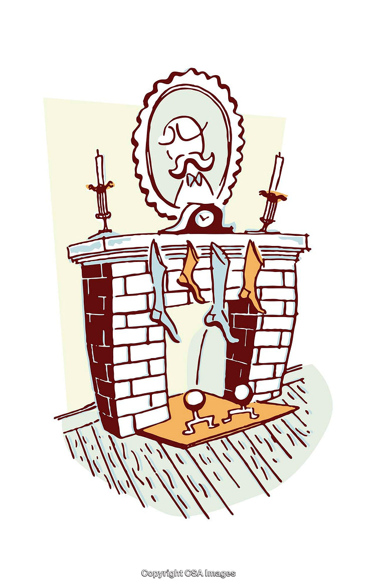 Illustration of a Brick Fireplace with Stockings and Decorative Elements