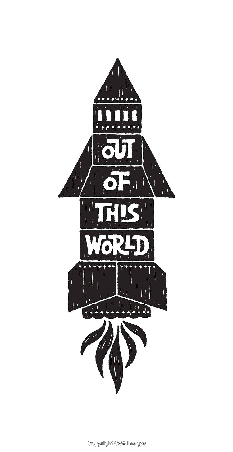 Black and White Line Art Illustration of a Rocket with Text Design