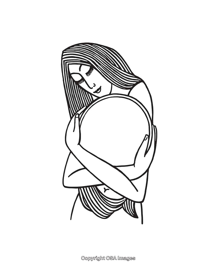 Woman Embracing Circular Object in Line Art Illustration Style