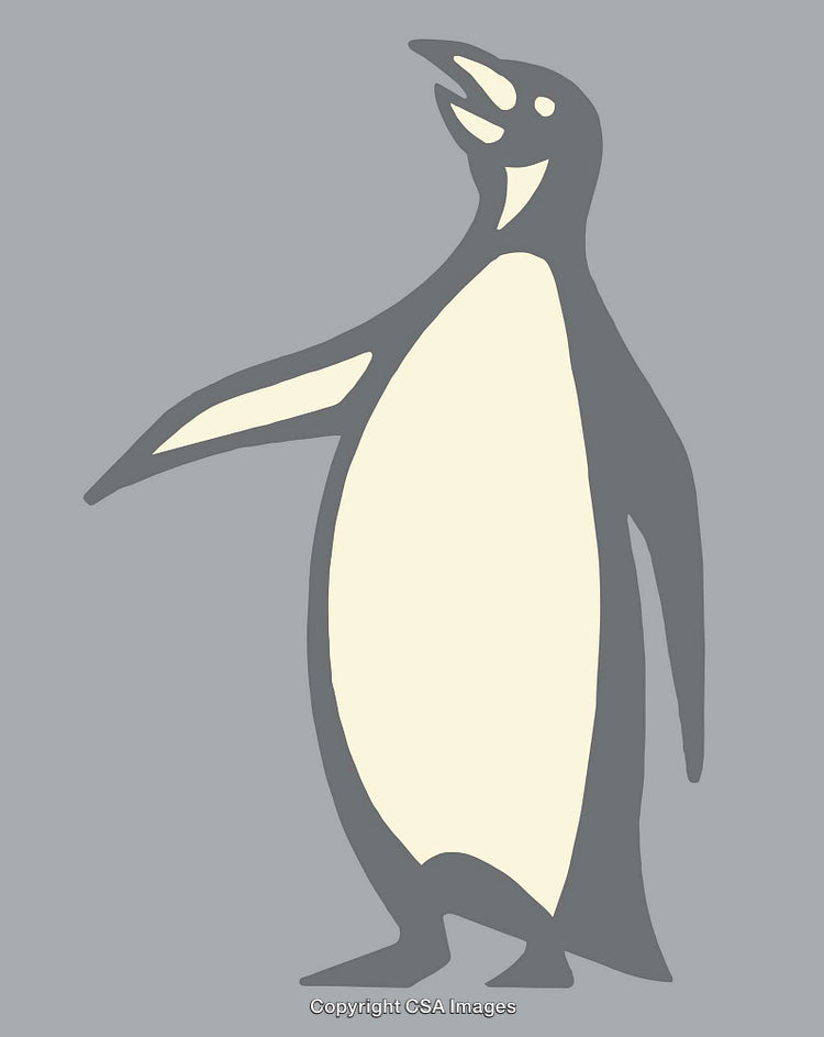 Stylized Line Art Illustration of Penguin in Gray and Cream Tones