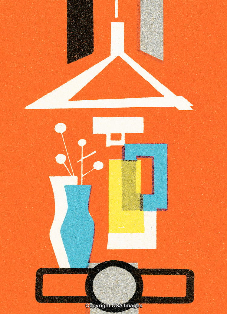Abstract Geometric Artwork Featuring Colorful Retro Modern Shapes on Orange Background