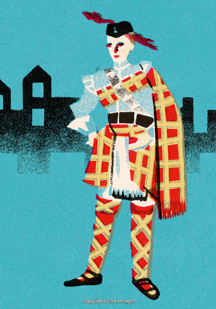 Illustrative Scottish Highlander in Traditional Tartan Attire with City Silhouette