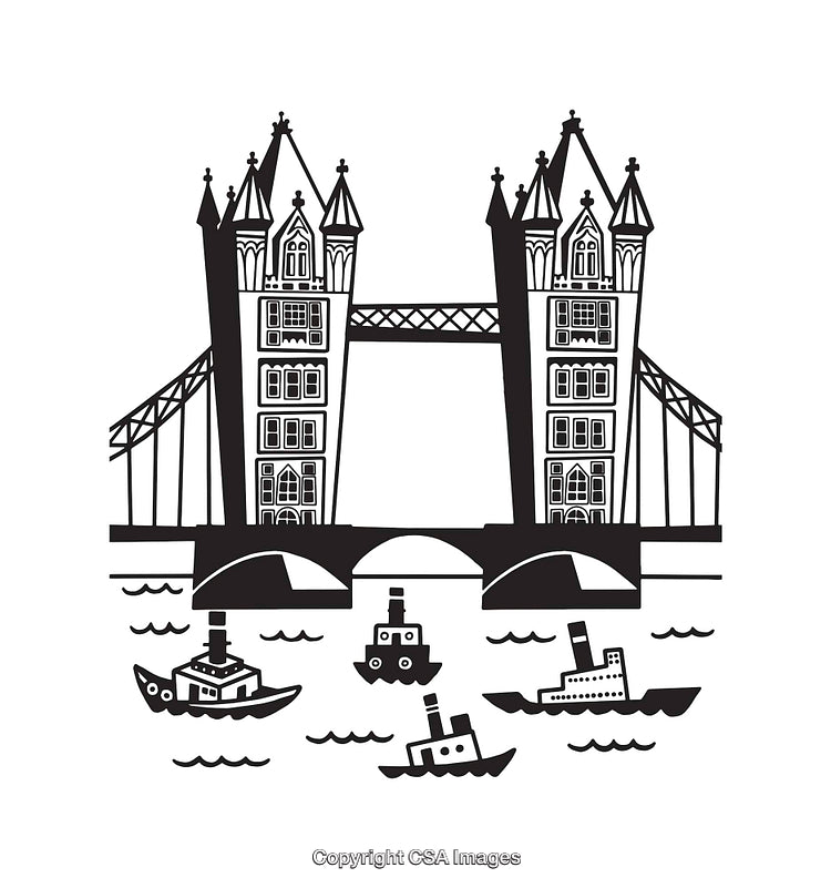 Illustration of Tower Bridge with Boats in Black and White Line Art